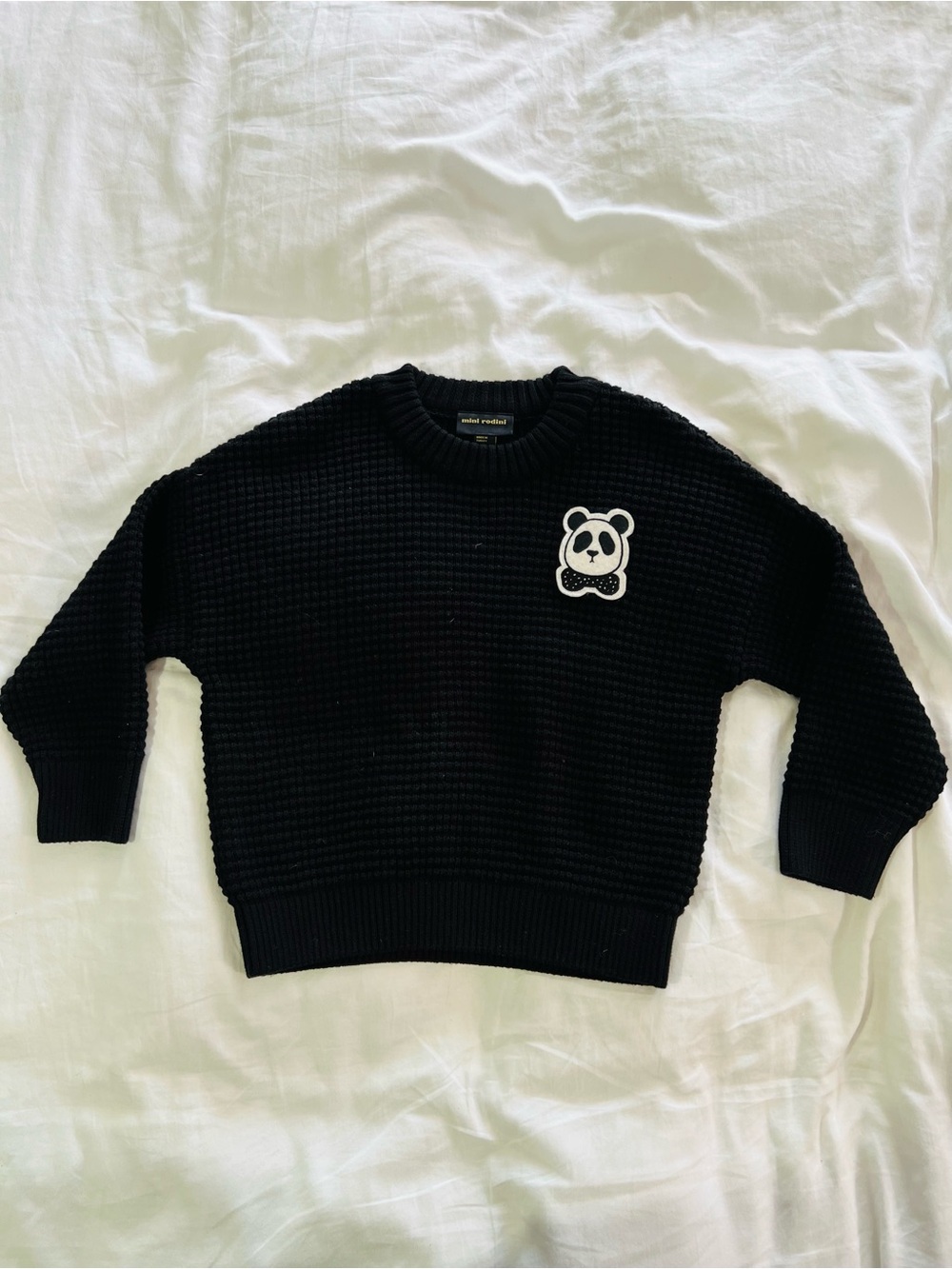 Mini Rodini Black Crewneck Sweater with Panda Patch(5-7y)